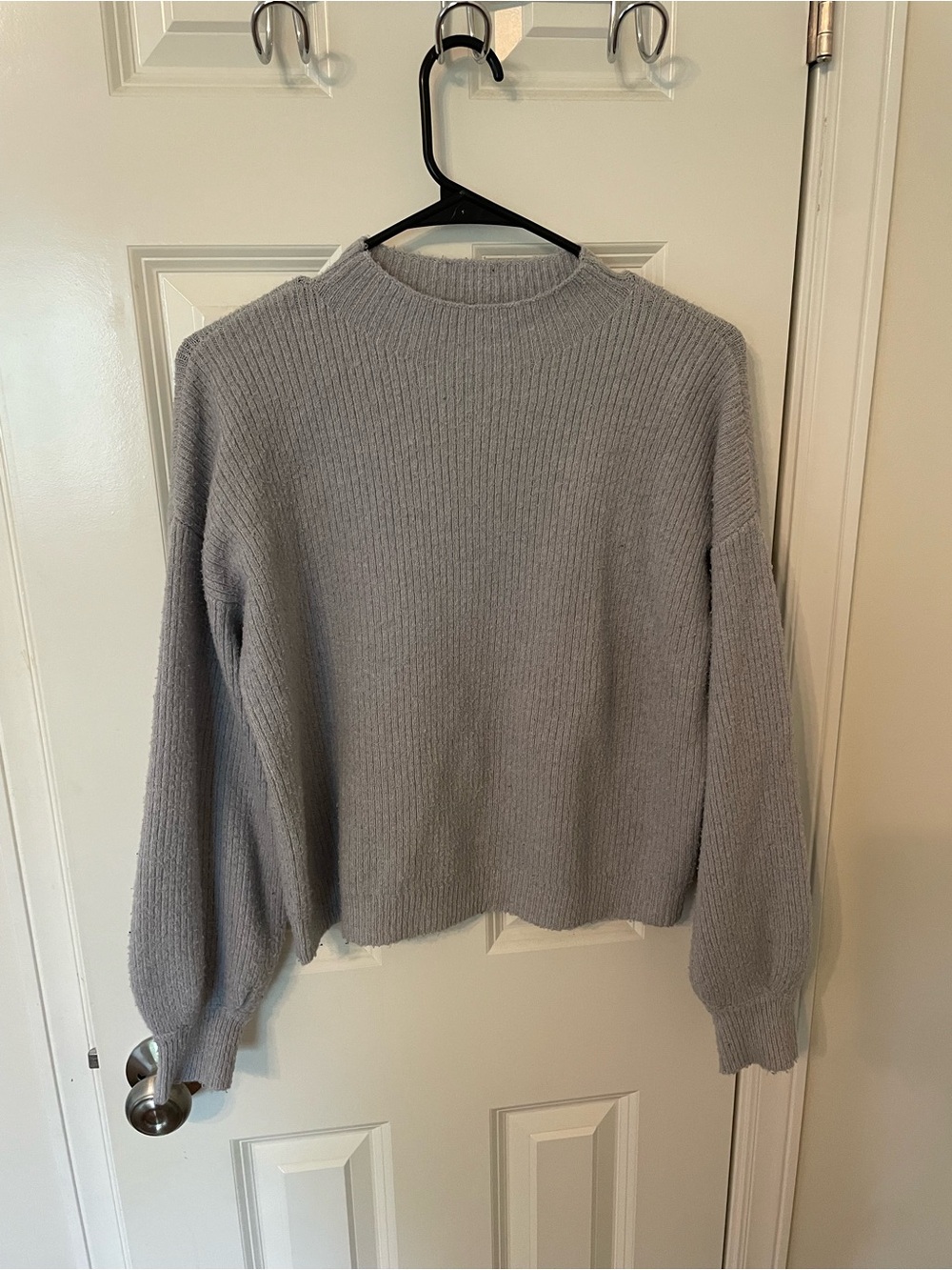 Pink Rose Ribbed Mock Neck Sweater in Light Gray